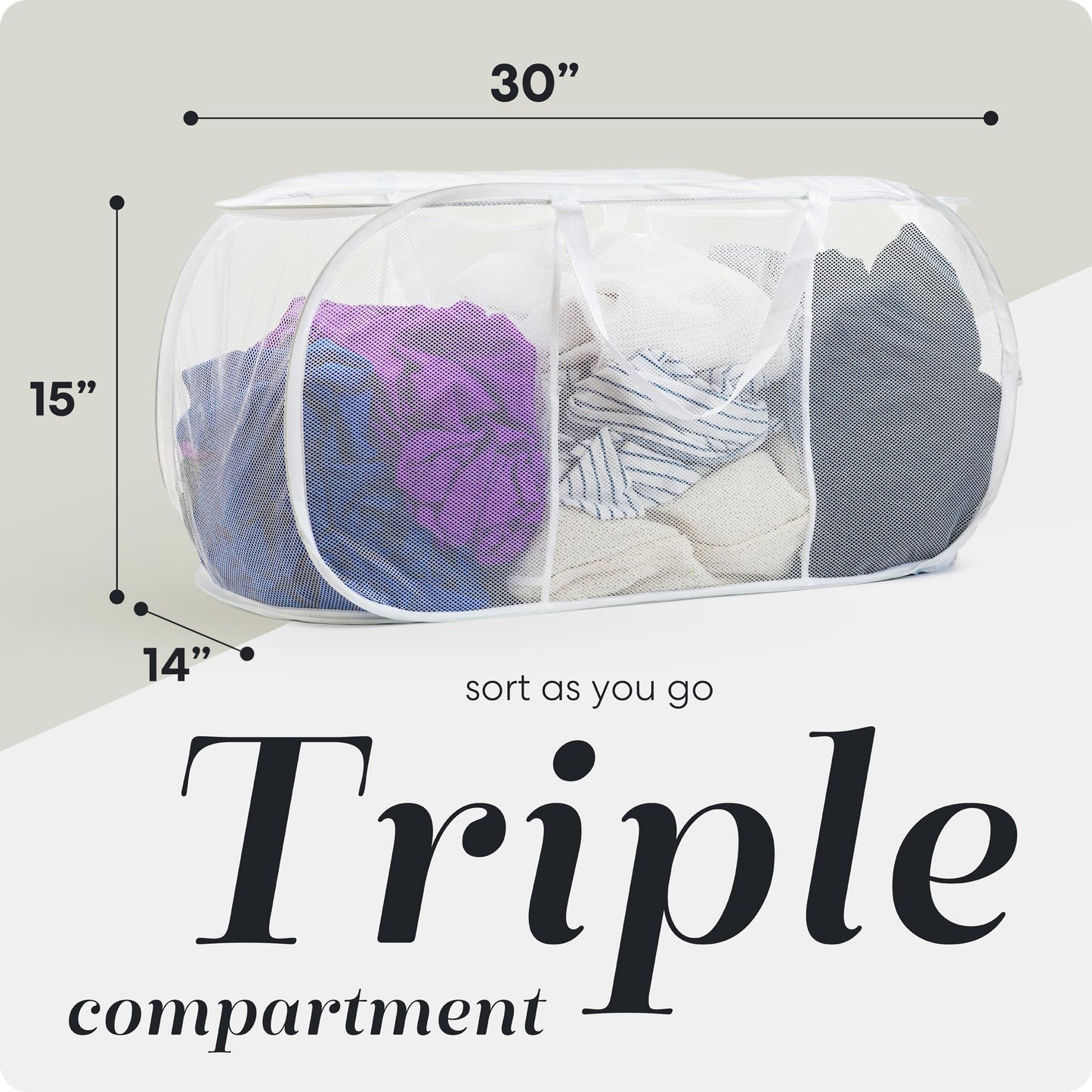 Handy Laundry Collapsible Laundry Basket, 3-Compartment Mesh Laundry Sorter, Foldable Pop Up Hamper with Handles, Space-Saving Durable Organizer for Dorm, Bedroom, Travel, White