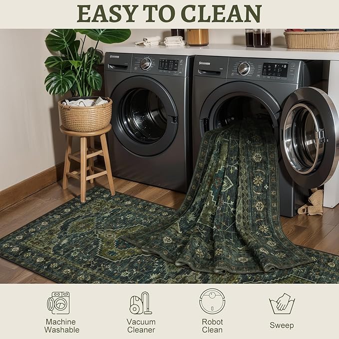 2x4 Washable Kitchen Rug Oriental Non Slip Small Rug for Entryway Vintage Front Door Mat Indoor Entrance, Print Throw Rugs Olive Green, Soft Low Pile Rugs Small Carpet for Entry Bedroom Bathroom