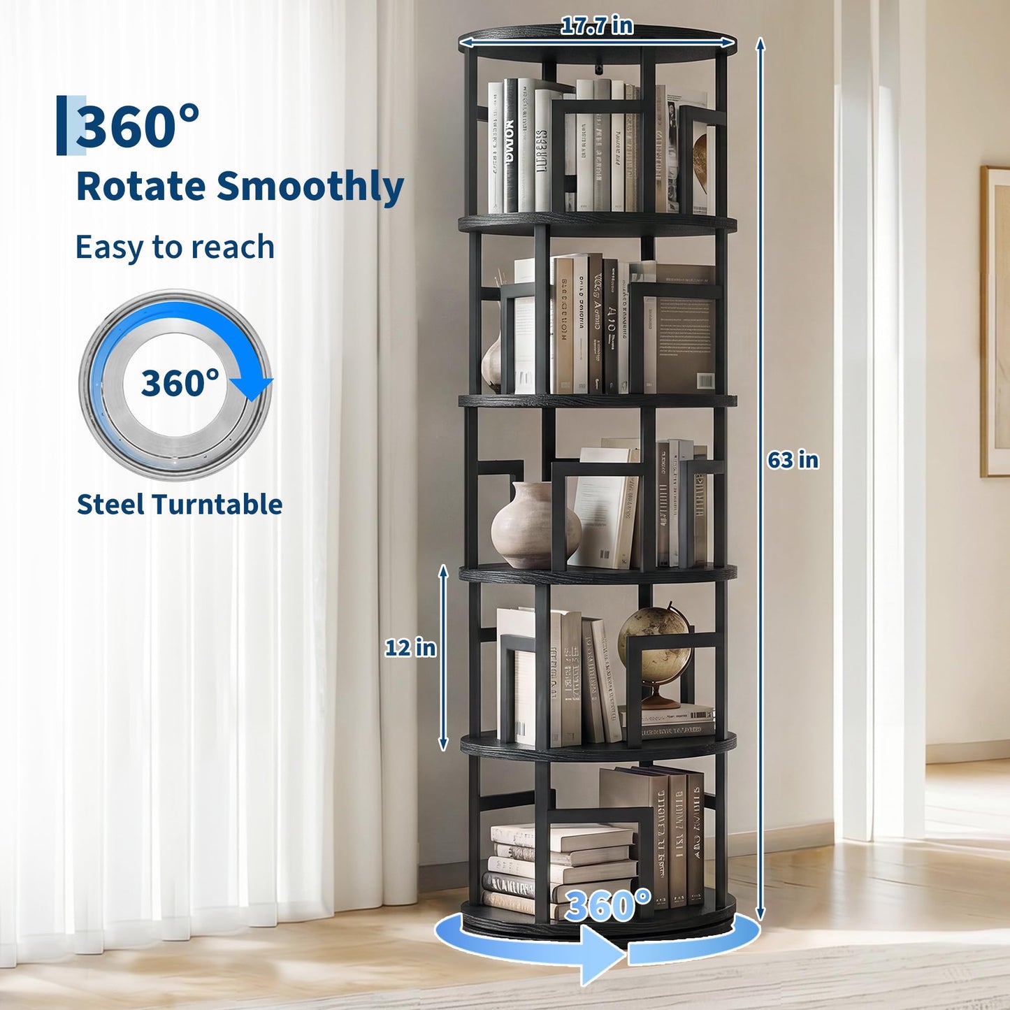 Garvee 5-Tier Rotating Bookshelf Tower – Spinning Corner Shelf, Black