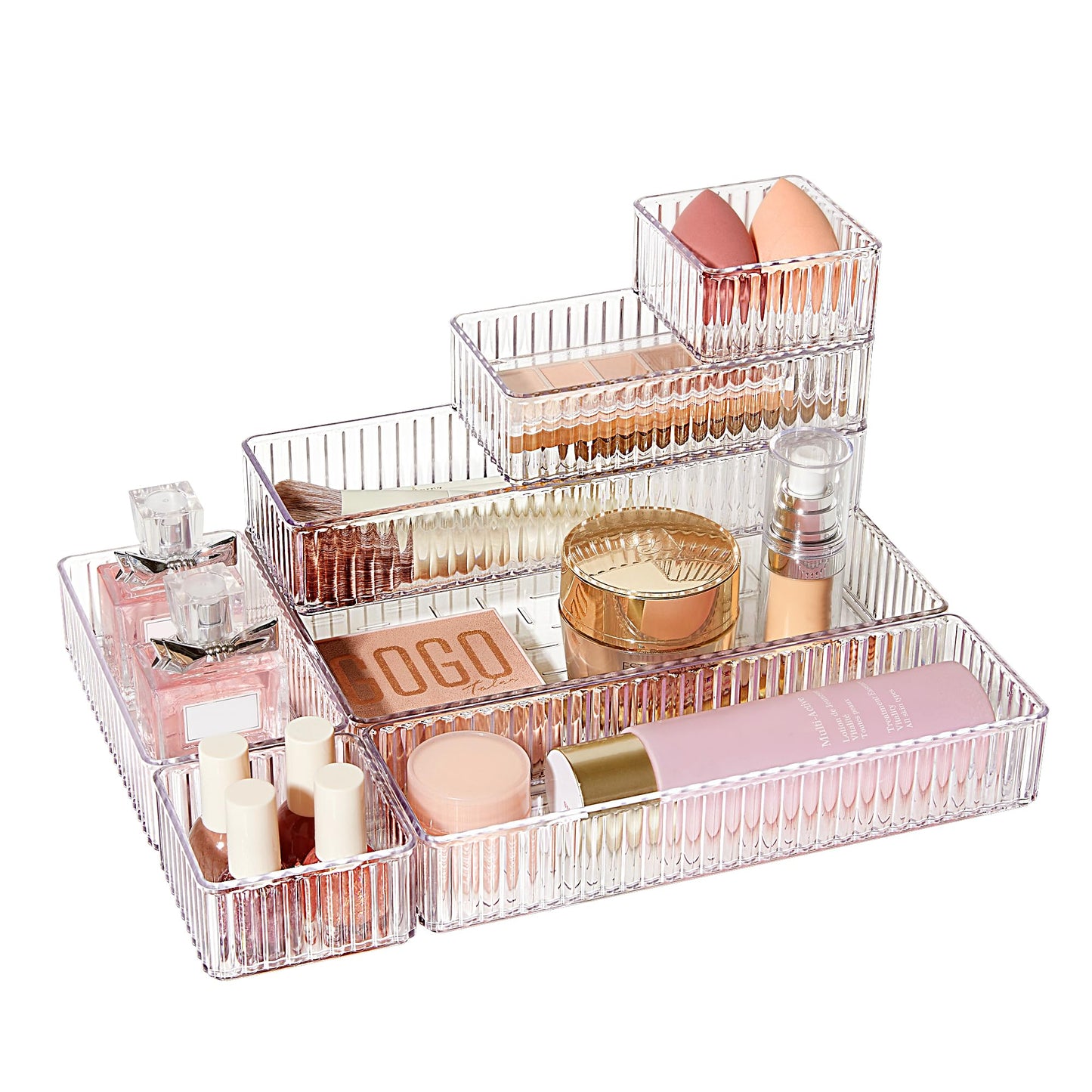 Vtopmart 7 PCS Clear Makeup Drawer Organizers Bins, 4-Size Stackable Makeup and Vanity Organizer Trays, Acrylic Bathroom Storage Containers for Cosmetic, Toiletries, Office Supply, Utensils, Gadgets