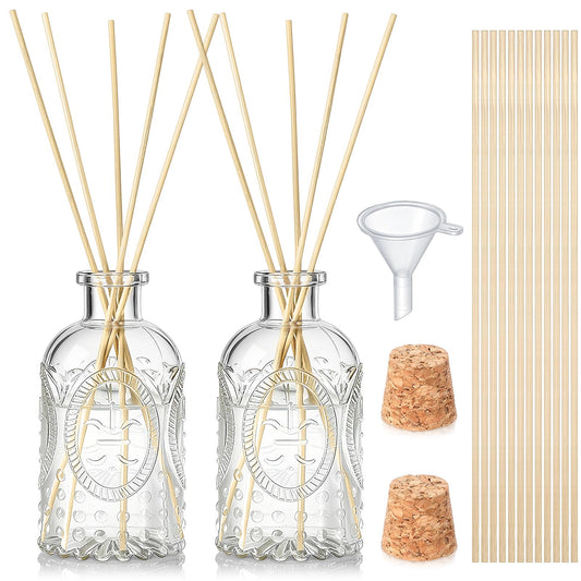 LemonRoad 2 Set Glass Reed Diffusers Bottles, Vintage Design Embossed Fleur Clear Diffuser Bottles with 50 Reeds Sticks, Cork Lids, Funnel, 200 ml 6.7 oz Empty Flower Bud Vases for DIY Fragrance
