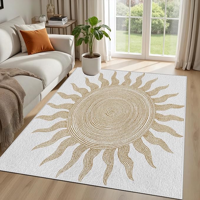 Boho Washable Rugs for Bedroom 7x10, Modern Sun Print Soft Minimalism Area Rug, Non Slip Low Pile Abstract Carpet for Classroom Living Room Decor Dining Room Sofa Kids Nursery Room, Beige Yellow