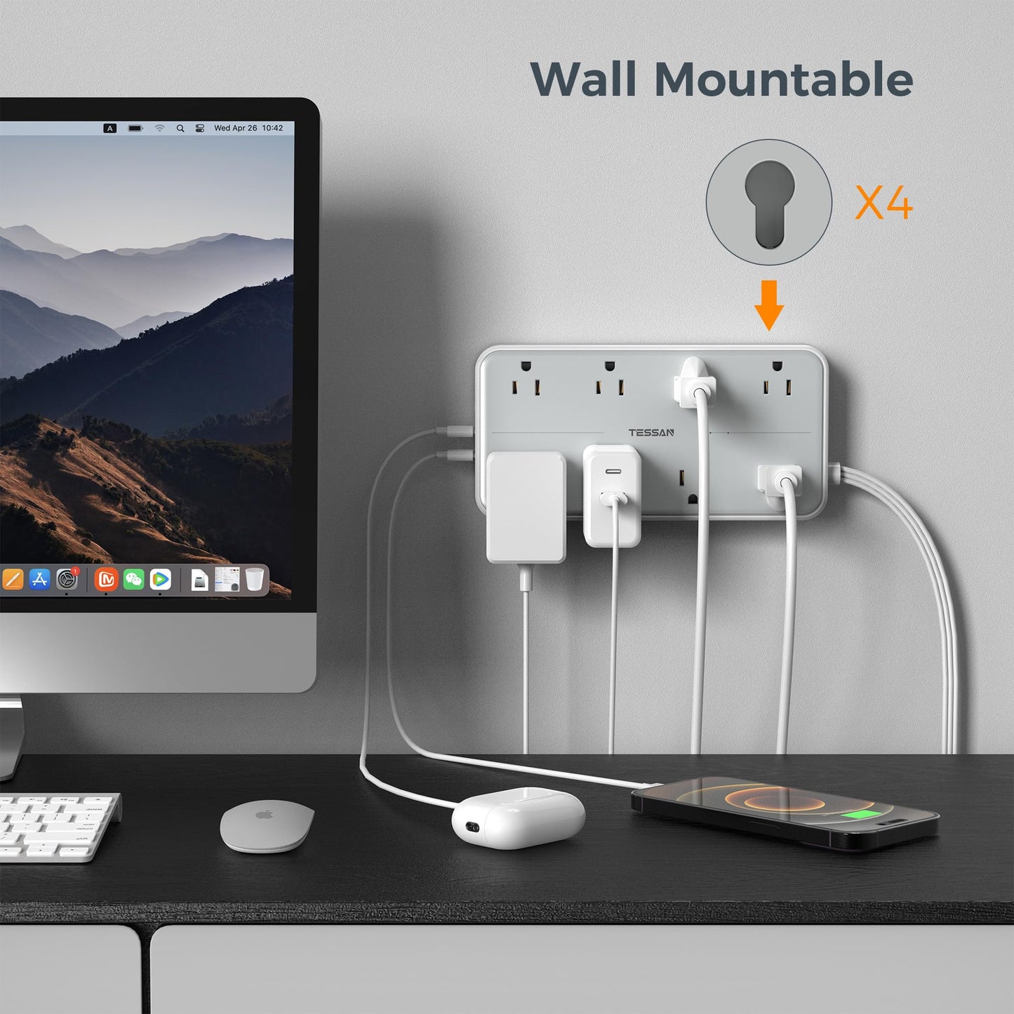 TESSAN Power Strip Surge Protector, Flat Plug Extension Cord with 8 Outlets 3 USB Charger(1 USB C), 1080 Joules Protection, Wall Mountable Charging Station for Home Office School Dorm Room Essentials