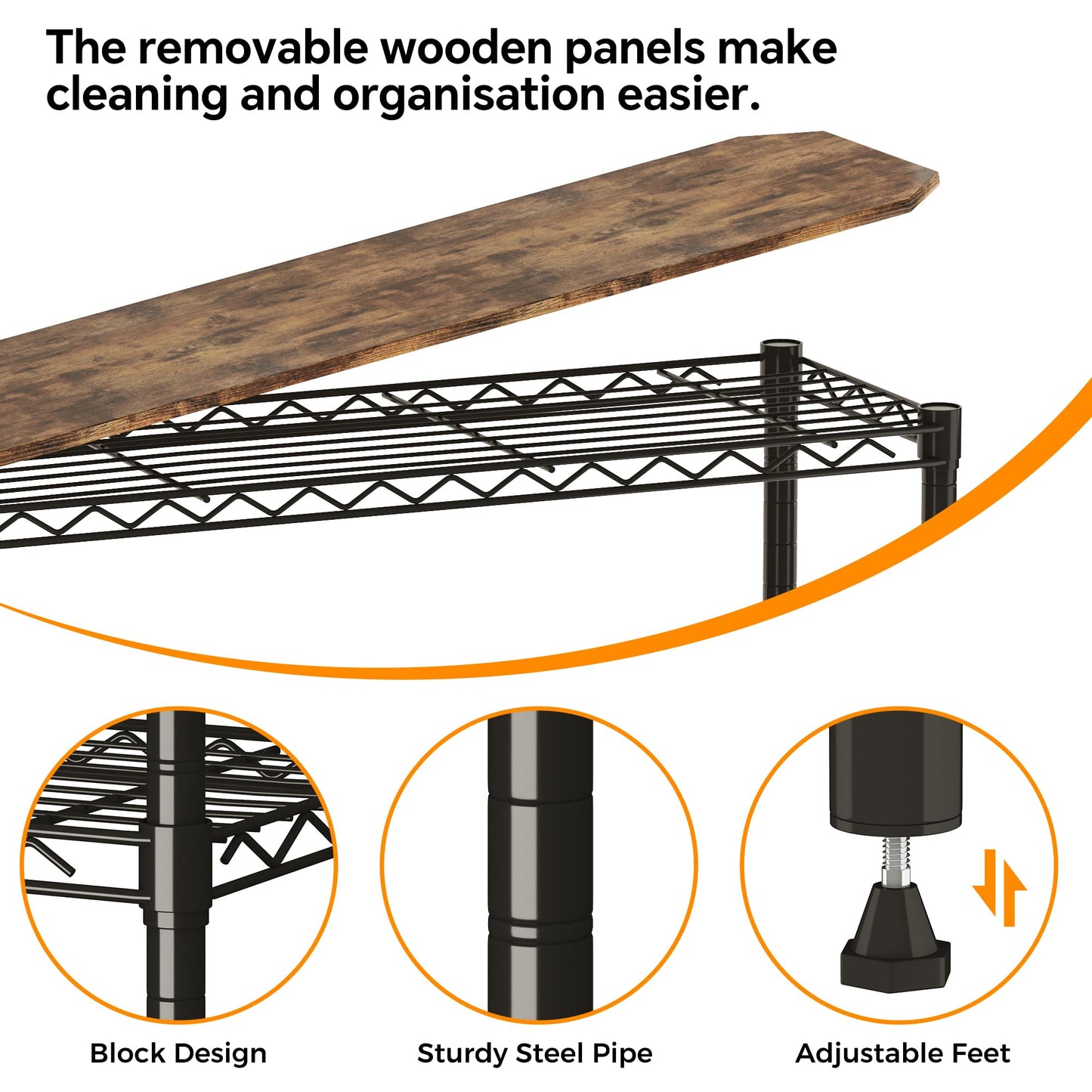 Homeiju 3-Tier Storage Rack, 29.8" Wide Heavy Duty Metal Shelving Unit, Top Tier with Removable Wood Board, 200 lbs Capacity per Shelf, for Pantry, Bathroom, Garage, Entryway, Plant Stand