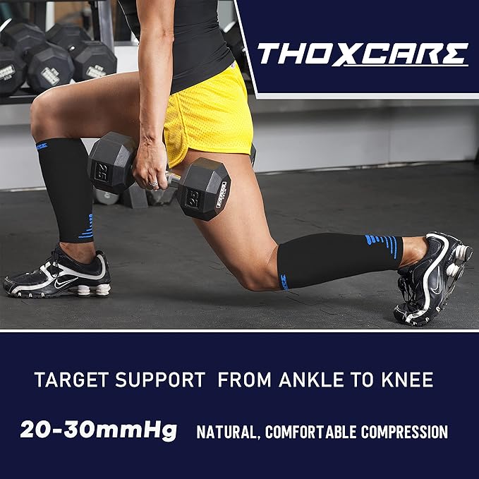 Thoxcare Calf Compression Sleeve for Men Women (1 Pair), Leg Support Footless Compression Socks for Running - Shin Splint Varicose Veins Swelling & Pain Relief, , Black/Blue, X-Large