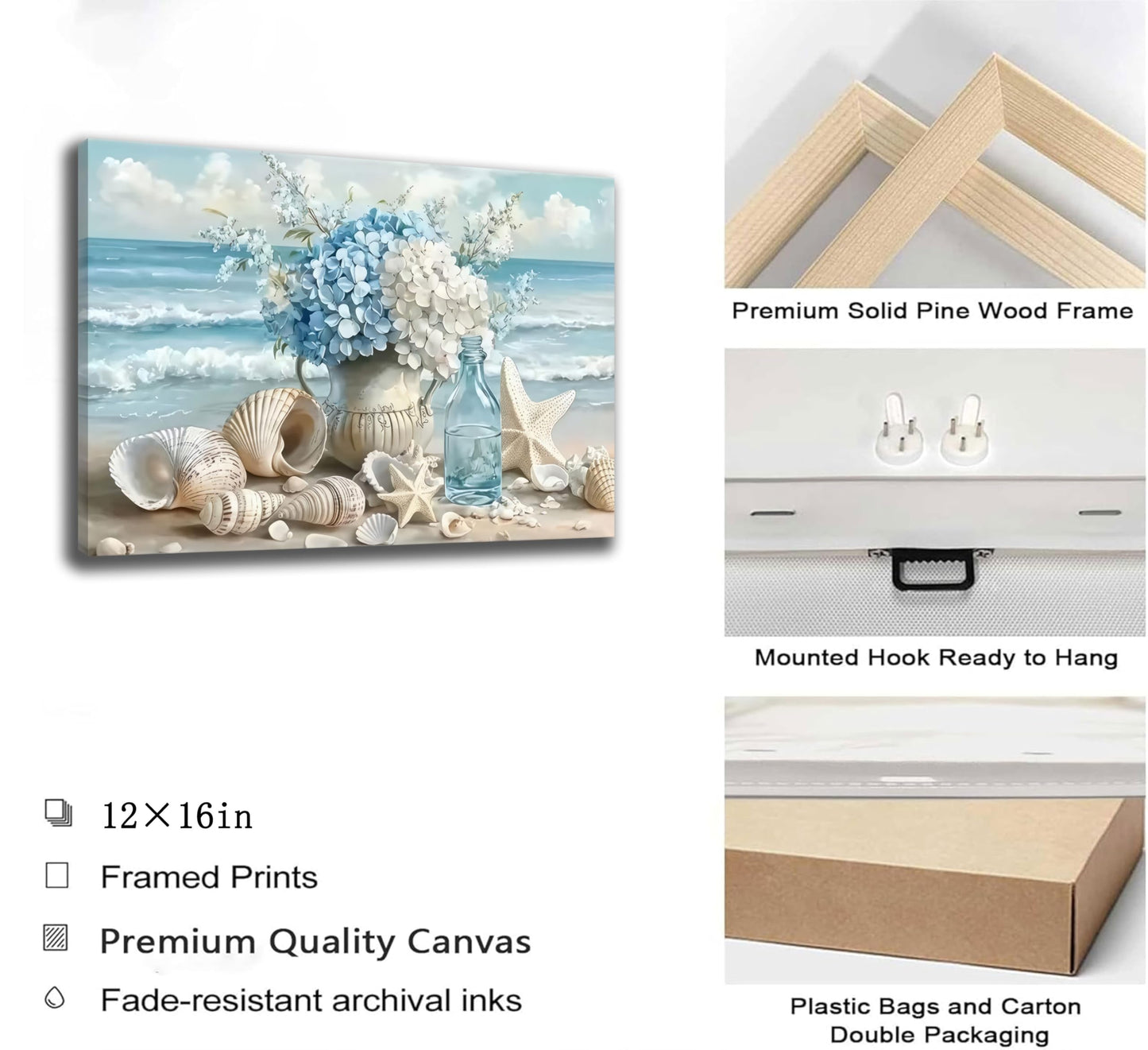 Blue Ocean Beach Wall Art Coastal Bathroom Poster Print Sea Vase Canvas Wall Decor Seaside Seashell Painting Picture for Bathroom Bedroom Living Room Kitchen Office Framed