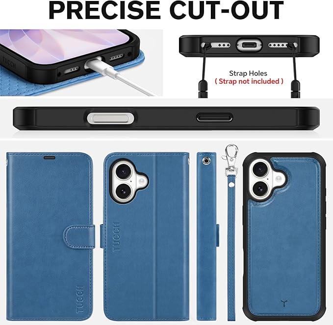 TUCCH Detachable Case Wallet for iPhone 17 (6.3") 2025, Wrist Strap | 4 Card Slots RFID Blocking | Wireless Charging | Stand | 2-in-1 Magnetic | PU Leather | Shockproof Folio Cover | Light Blue