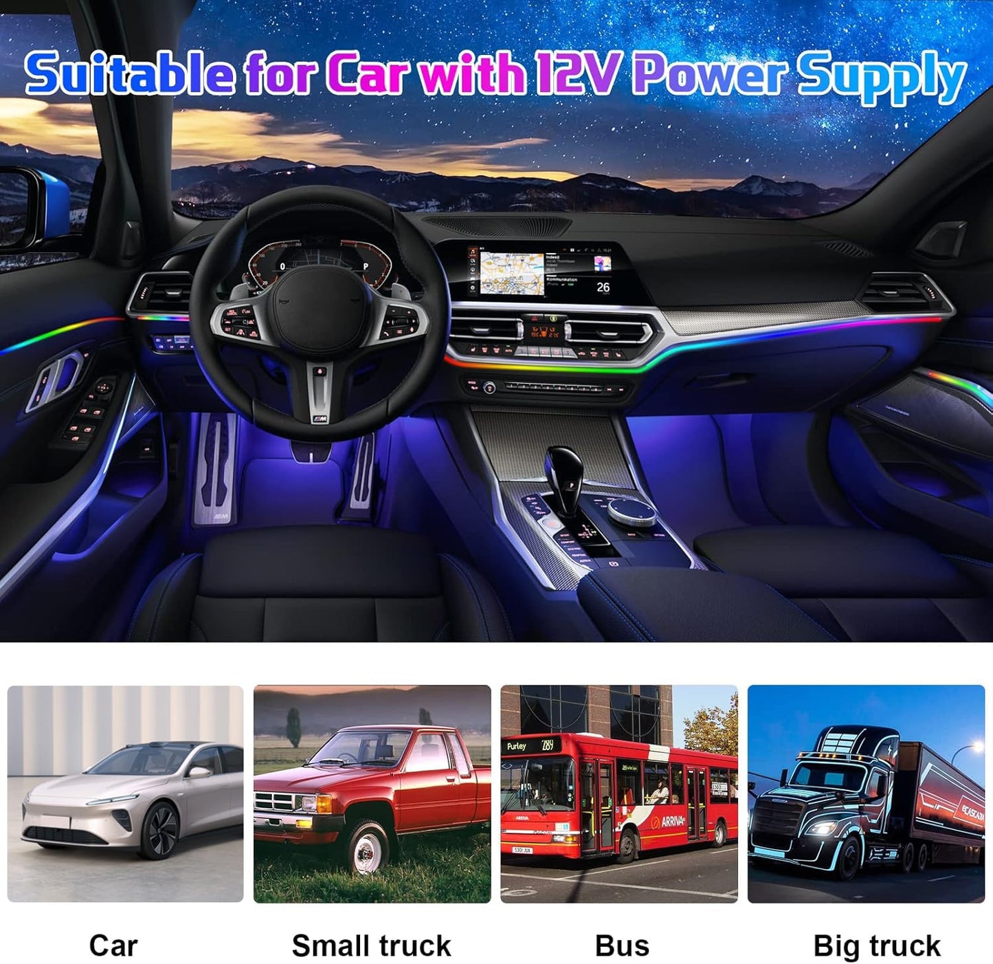 Acrylic Interior Car LED Strip Light RGB Dreamcolor 10 in1 with Wireless APP, 175 inches 593 LED 16 Million Color Fiber Optic Automotive Ambient Light Kits Music Sync Sound Activated Car Neon Lights
