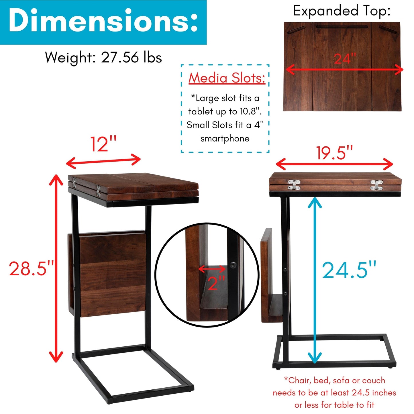 BIRDROCK HOME Acacia Wood Expandable C Shaped Side Table with Phone & Tablet Stand - Laptop TV Tray - Couch Desk - Bed Sofa Snack End Table - Living Room Chair