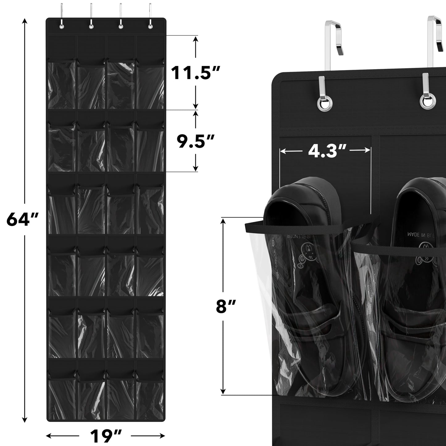 Simple Houseware 24 Pockets - Crystal Clear Over The Door Hanging Shoe Organizer, Black (64'' x 19'')