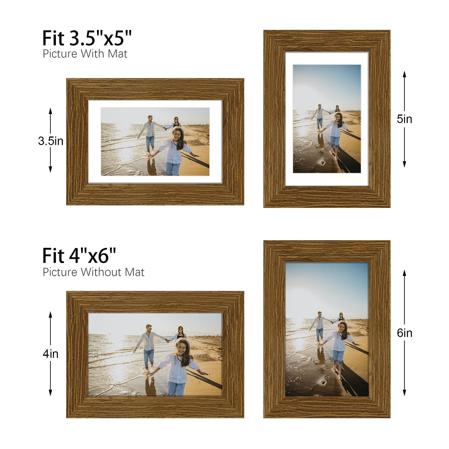THKRLOF 4x6 Picture Frame Set of 4, Wooden Real Glass Photo Frames with 3.5x5 Mat for Wall and Tabletop Display,Brown
