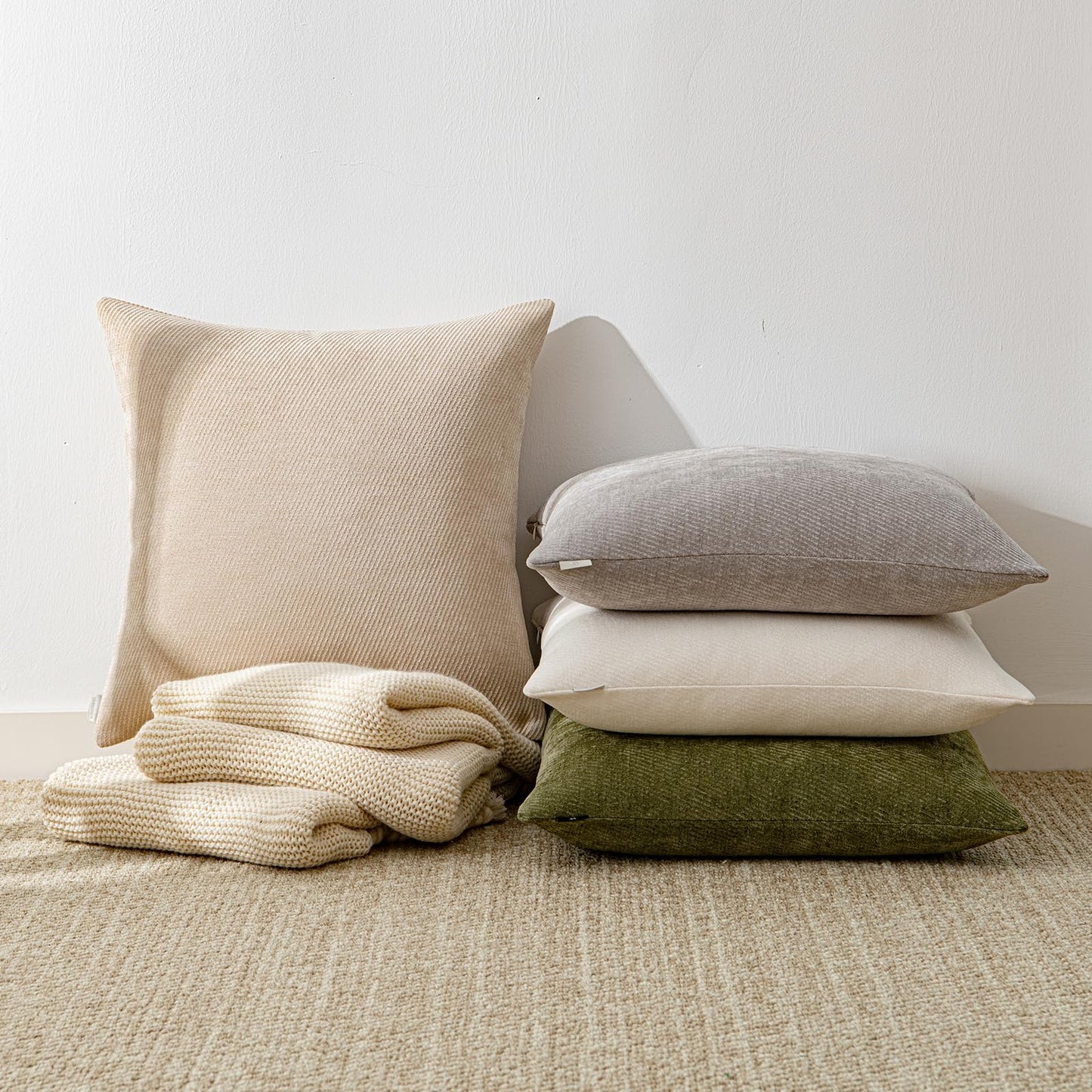 a moment Pack of 2 Decorative Chenille Throw Pillow Covers with Twill Cushion Covers for Sofa Living Room Couch Bed 24x24 Inch Beige