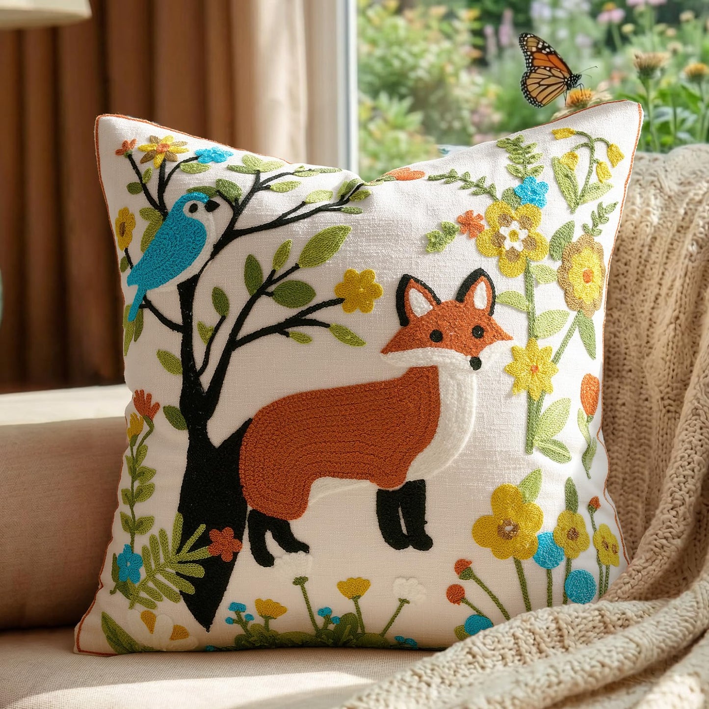 GIGIZAZA Decorative Pillow Covers 18x18 - Throw Pillow Textured Linen Covers for Couch Living Room Decor Cute Animal Patterned Cushion Covers Bed Embroidered Spring Pillowcases Pack of 1