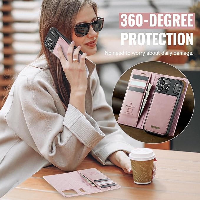 PlusnapX Wallet Case for iPhone 17 Pro Max Compatible with Magsafe, 2-in-1 PU Leather Flip RFID Blocking Card Holder Stand Shockproof Magnetic Detachable Cover for iPhone 17 Pro Max Case 6.9", Pink