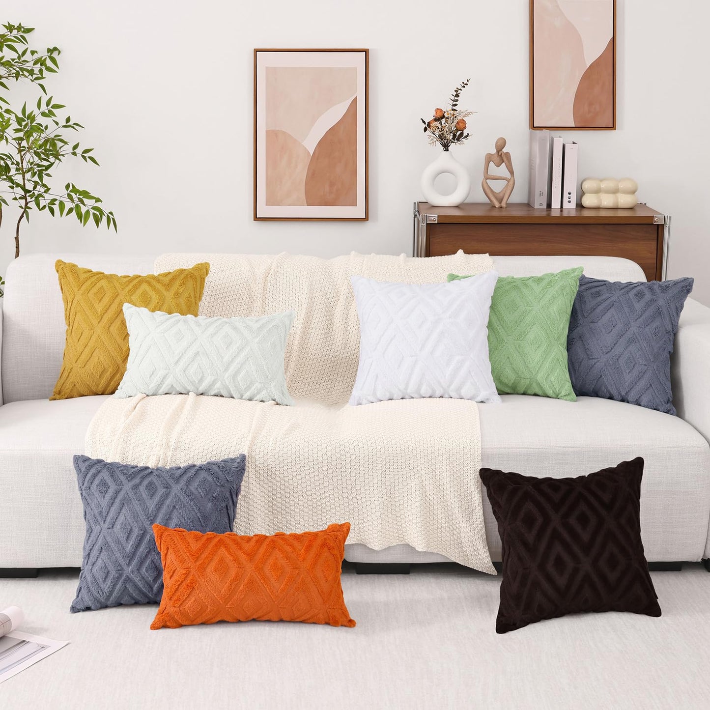 Pallene Summer Cream White Euro Sham Throw Pillow Covers 22x22 Set of 2, Soft Plush Faux Fur Decorative Couch Pillow Covers for Sofa Bed Living Room Pillow Cases with 3D Diamond Pattern