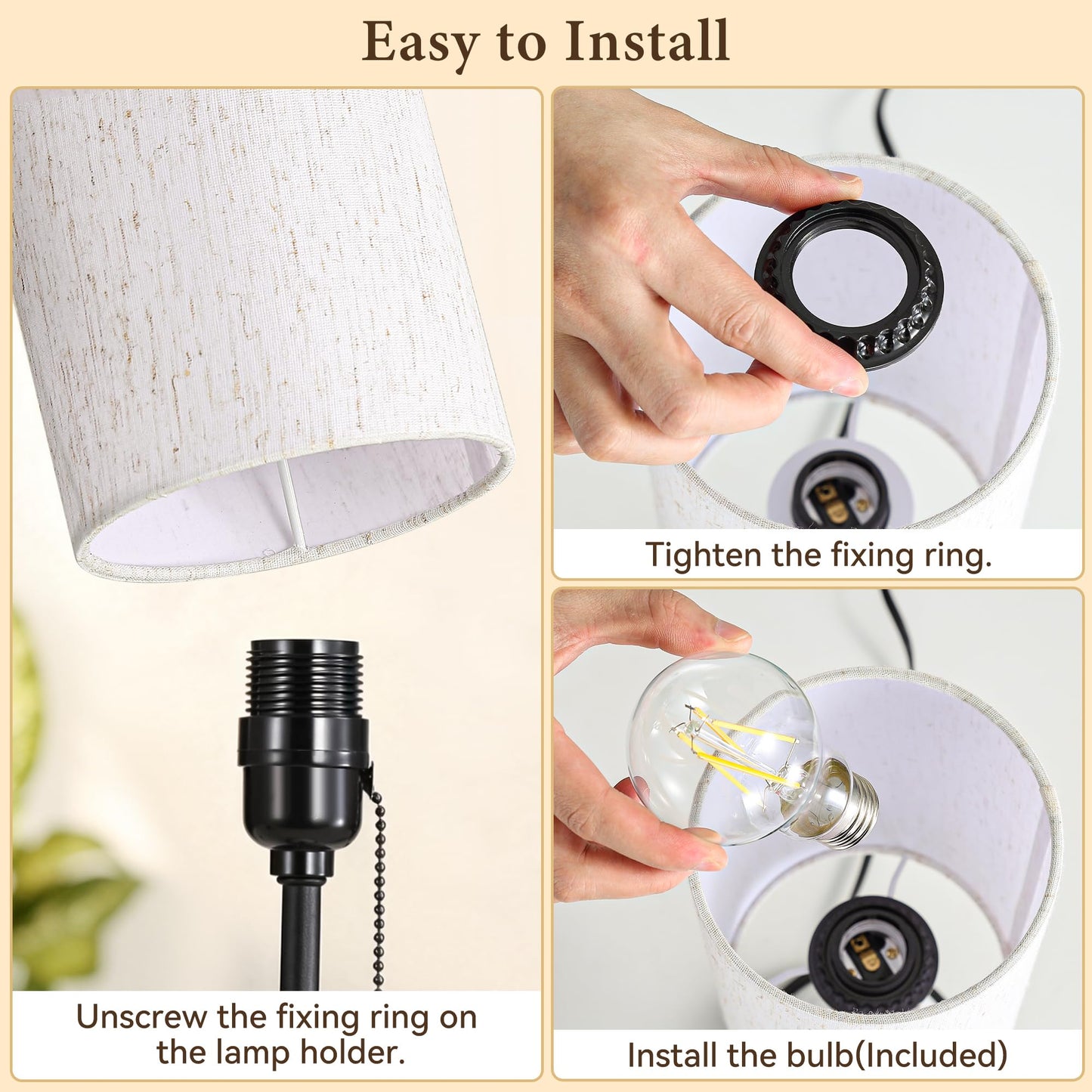 SIBRILLE Table Lamp for Bedroom, Dual Light Nightstand Lamp with Fabric Shade & Ceramic Carved Night Light Base, Individual Controls Bedside Lamp for Living Room, 8W LED Bulb Included