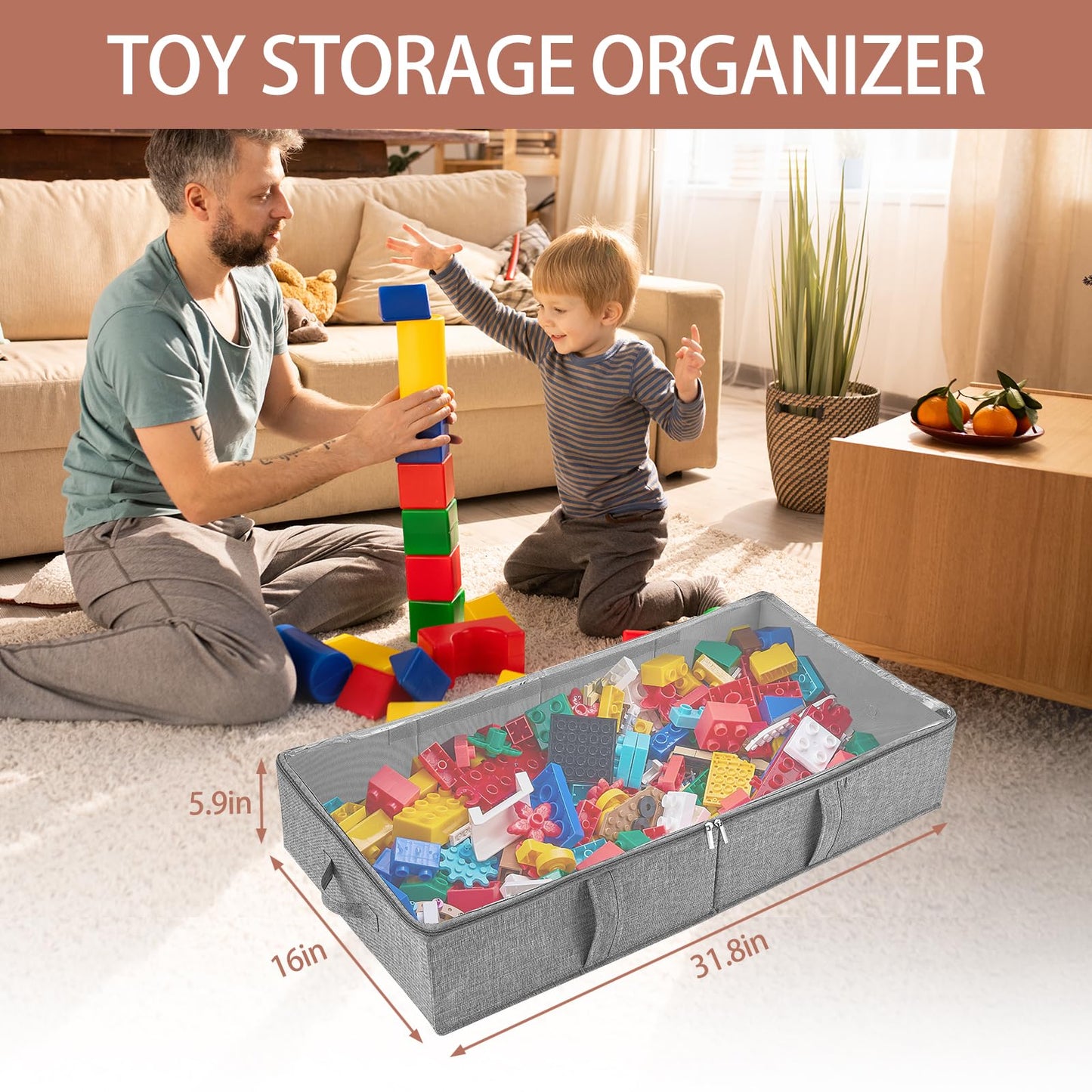 2-Pack Under Bed Toy Storage Boxes, Grey Toy Organizer with Clear PVC Lid, Foldable Under Couch Storage Bins (31.8×16×5.9in), Toys Storage Containers for Plush Dolls, Books, Clothes, Shoes & Blankets