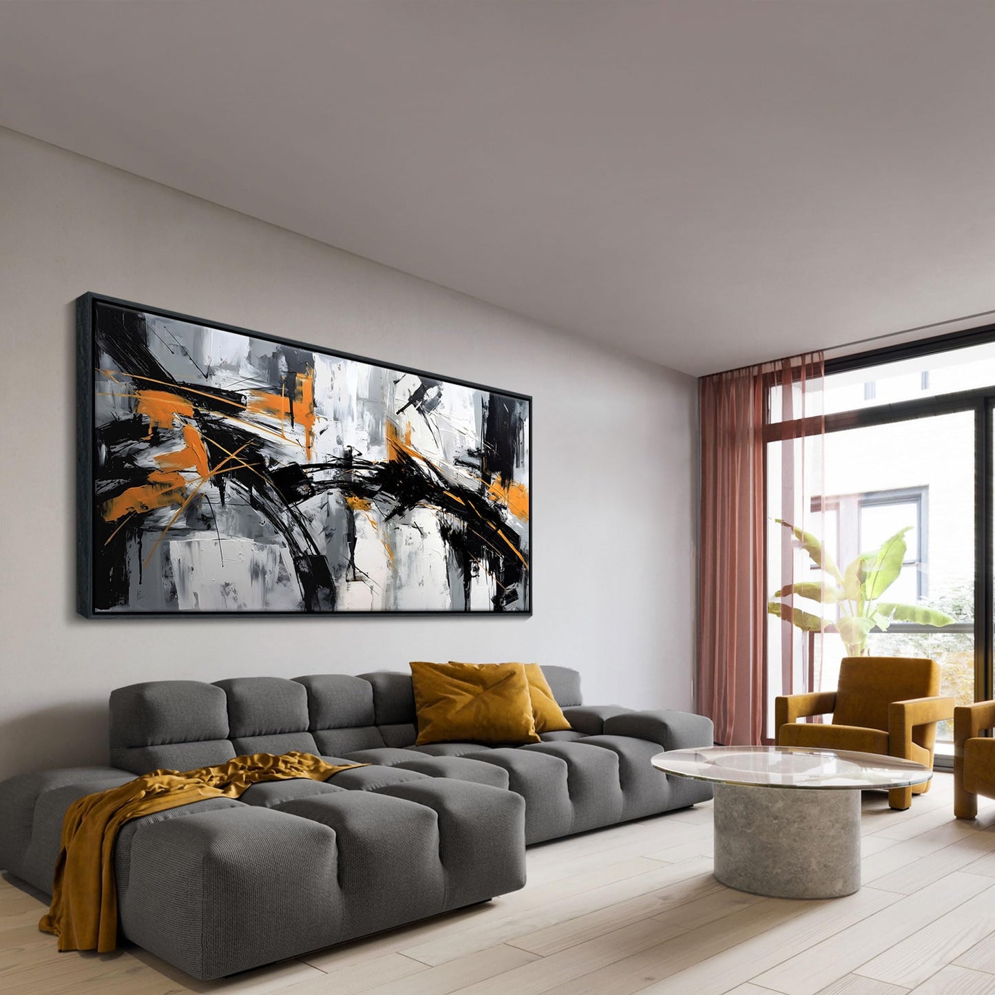 Framed Large Abstract Canvas Wall Art Modern Wall Art for Living Room - Canvas Wall Decor for Office and Home - Framed Artwork for Walls Black, White, Gray and Unique Orange Accents 29×58in