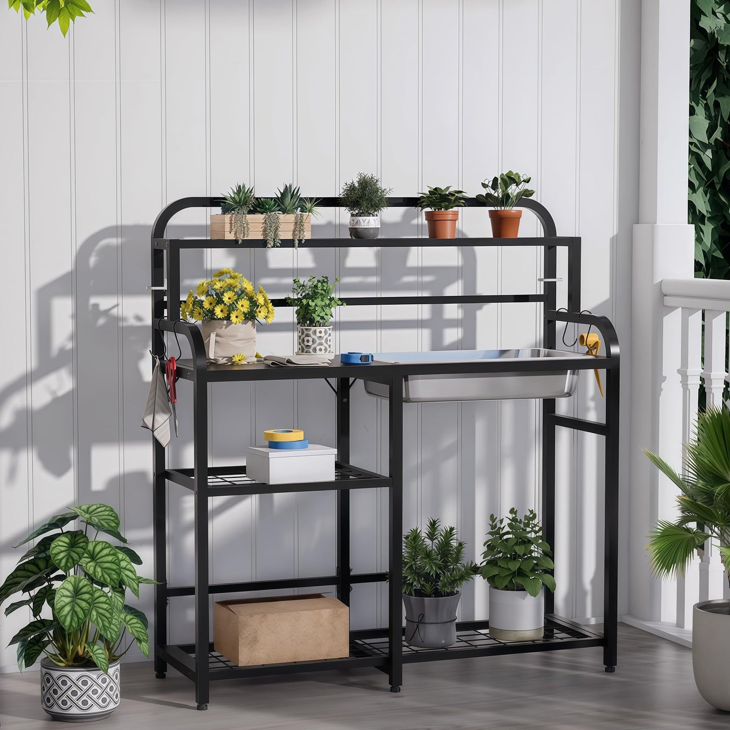 FUXJUM Outdoor Potting Bench Table with Sink & Storage, Heavy Duty Metal Gardening Workbench, 4-Tier Garden Potting Station with Hooks, Adjustable Height Planting Table for Patio Lawn Backyard, Black