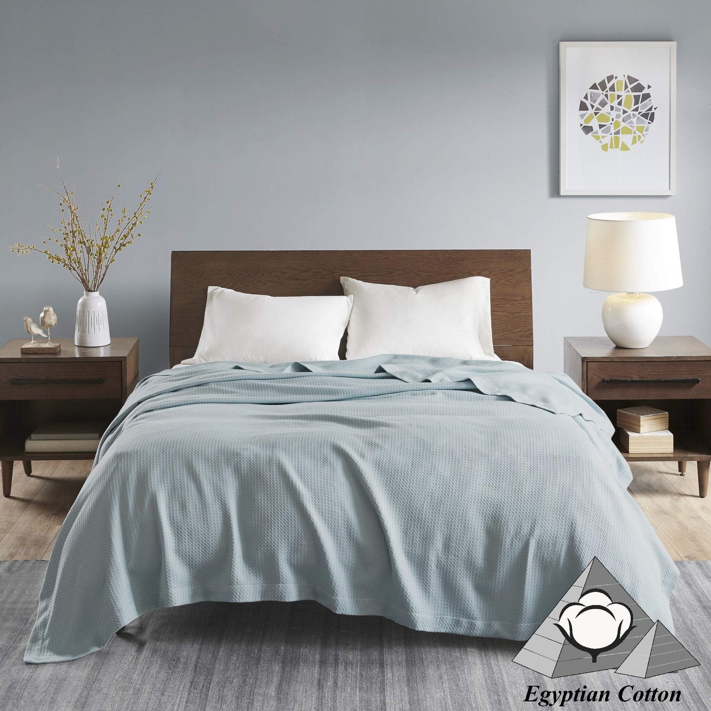 Madison Park 100% Egyptian Cotton Lightweight Summer Blanket, Breathable Waffle Knit Design, Soft Cozy All-Season Throw for Bed, Couch or Sofa, Light Blue King Size (108"x90")