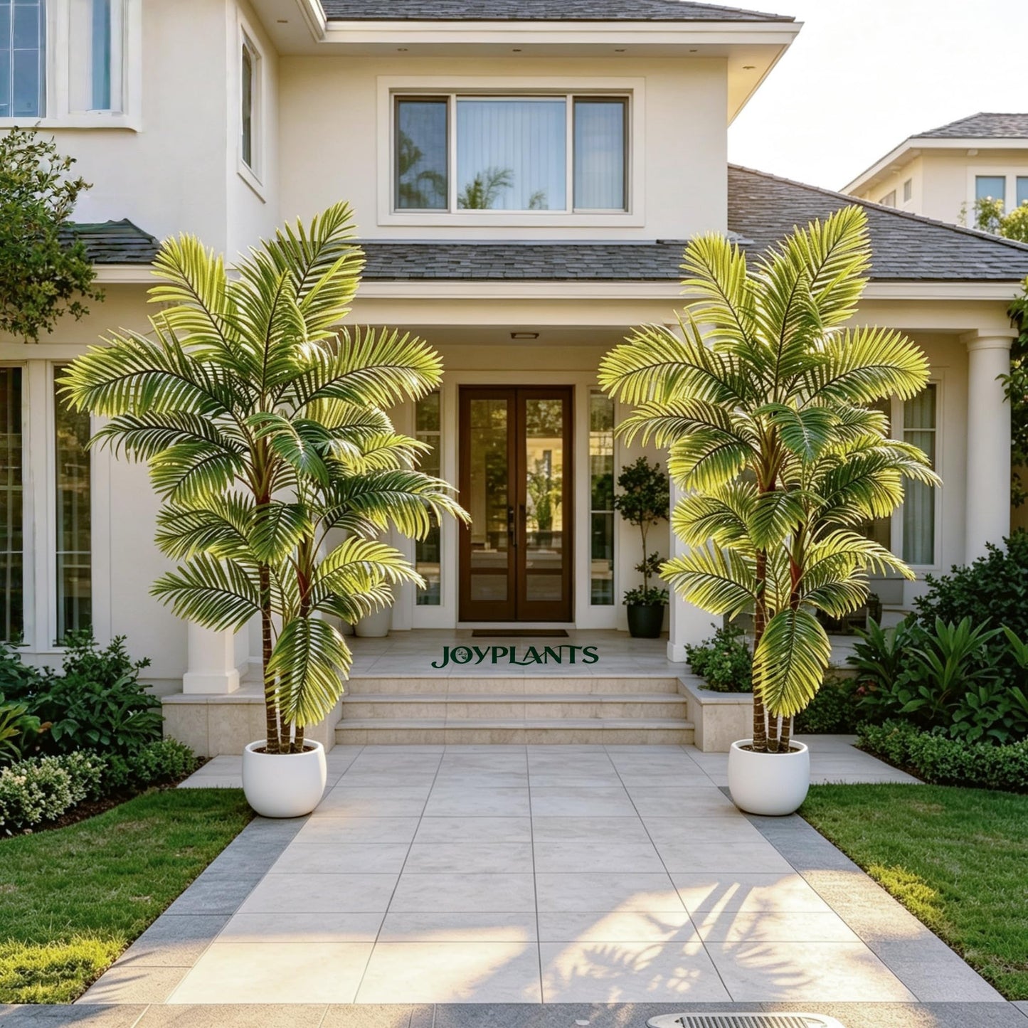 Joyplants 7FT Artificial Palm Tree Set of 2, UV Resistant Fake Areca Palm with Black Planter, Triple Trunk Large Silk Faux Palm Tree Indoor Outdoor House Office Poolside Decor