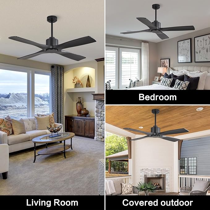 WINGBO 48" DC Ceiling Fan without Lights, 4 Carved Solid Wood Blades, 6-Speed Noiseless Reversible DC Motor, Modern Ceiling Fan No Light with Remote, Matte Black Finish with Black Blades, ETL Listed