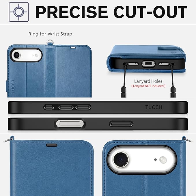 TUCCH Wallet Case for iPhone Air (6.5-Inch) 2025, Wrist Strap | RFID Blocking 4 Card Holders | Stand | Shockproof TPU Shell | PU Leather | Magnetic | Protective Flip Cover | Light Blue