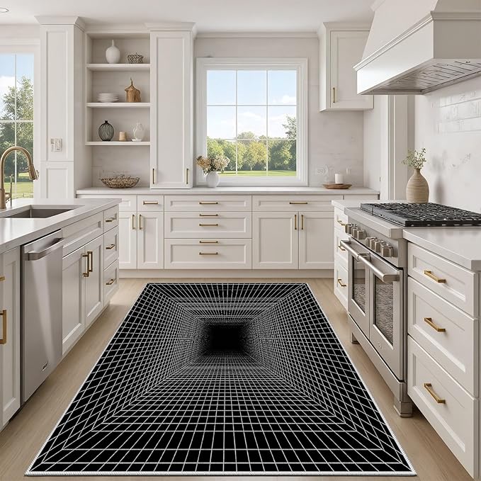 Optical Illusion Rug - Washable Rugs 3x5, Abstract Geometric Lines Soft Neutral Indoor Floor Mats Plaid Carpet, Non-Slip Stain Resistant Modern Black Rug for Bedroom, Living Room Rugs