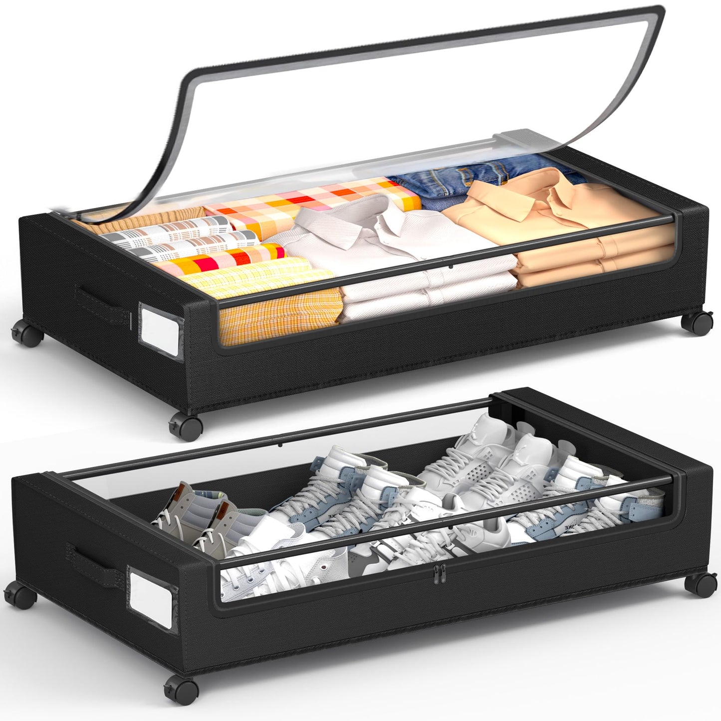 YEEBONIX Under Bed Storage With Wheels, 2 Pack Square Containers, 60L Bins, Rolling Metal Drawer for Clothes, Blankets, Shoes