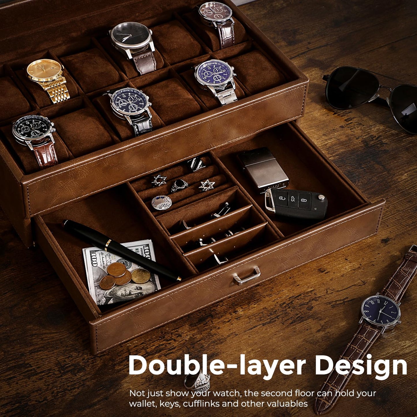 BEWISHOME Watch Box 12-Slot, Watch Case with Large Glass Lid