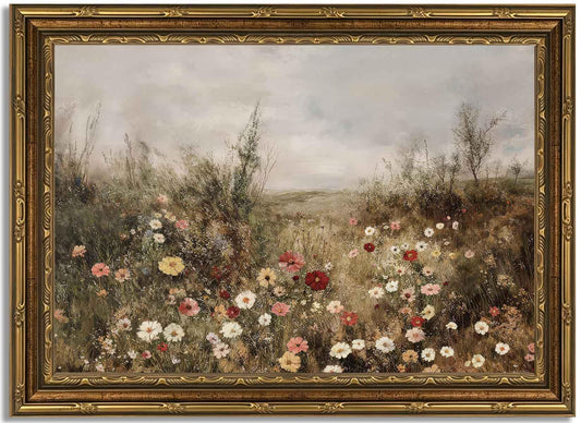 Vintage Gold Framed 3D Textured Wildflower Canvas Wall Art Country Natural Flowers Poster Print Artwork Colorful Wildflowers Painting Picture Wall Decor for Living Room Bedroom Home Decoration 12x16in