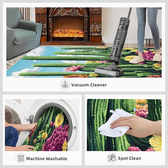 Cactus Living Room Rugs, Desert Oasis Area Rugs 5x8 Rug Succulents Non-Slip Washable Rugs Stain Resistant Rug Low-Pile Throw Rug for Bedroom Dining Room Office