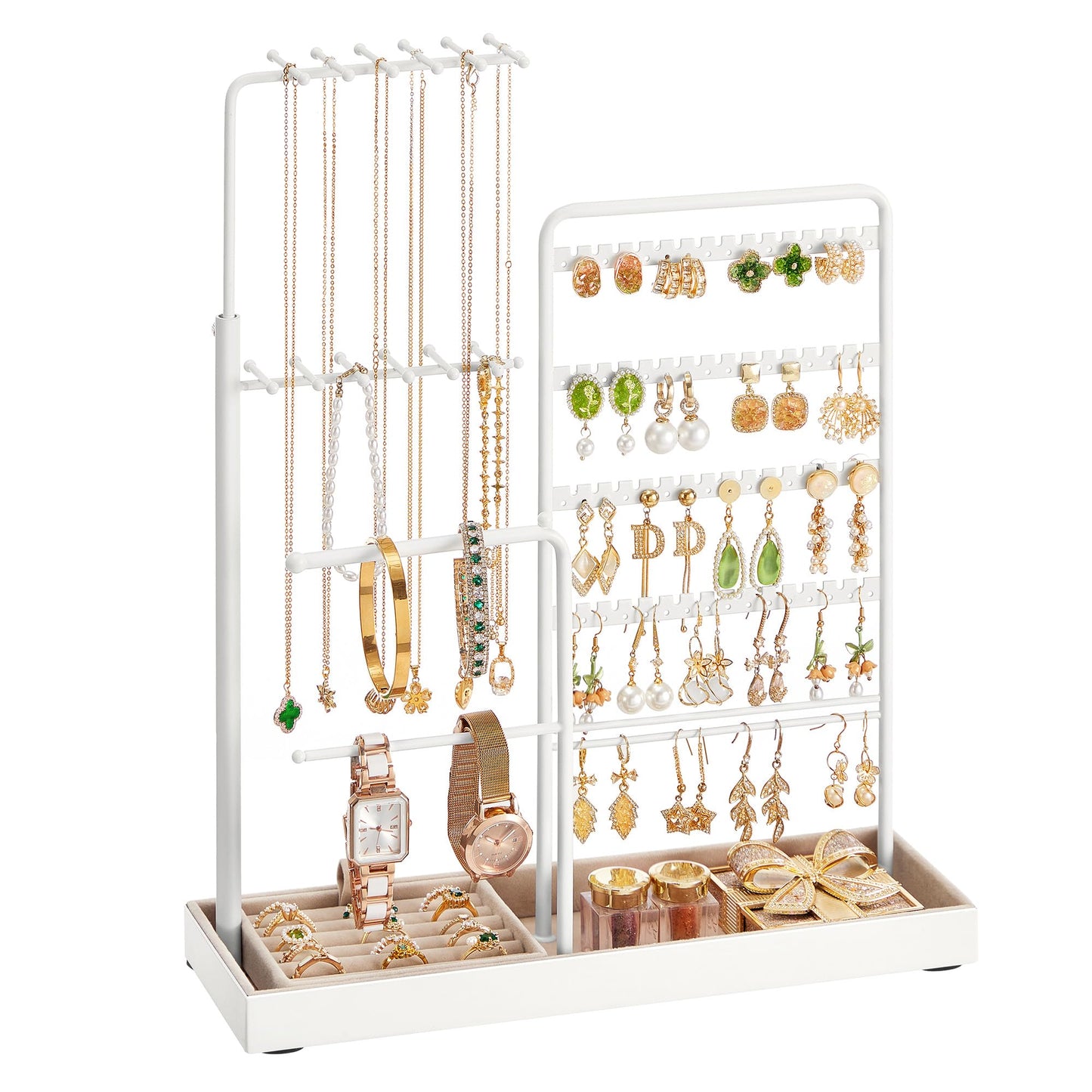 SONGMICS Jewelry Holder, Jewelry Storage Organizer Stand with Metal Frame, Velvet Tray, 12.1 to 18.7 Inches Tall Height Adjustable Necklace Holder, for Rings, Earrings, Matte White UJJS026W01