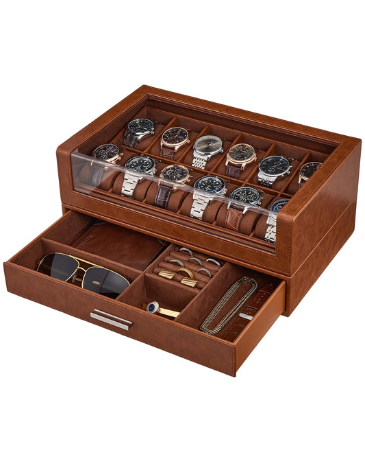 ProCase Watch Box for Men, 12 Slots Watch Display Holder with Clear Acrylic Top, Large Capacity PU Leather Case with Drawer Organizer, Jewelry Storage, Ideal Fathers Day Gift for Dad -Brown