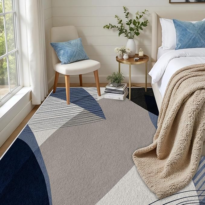 Abstract Art Line Living Room Area Rugs 3x4, Modern Boho Geometric Print Soft Rug, Minimalist Washable Non Slip Neutral Carpet for Bedroom, Dining Room Office Playroom, Navy Blue Gray