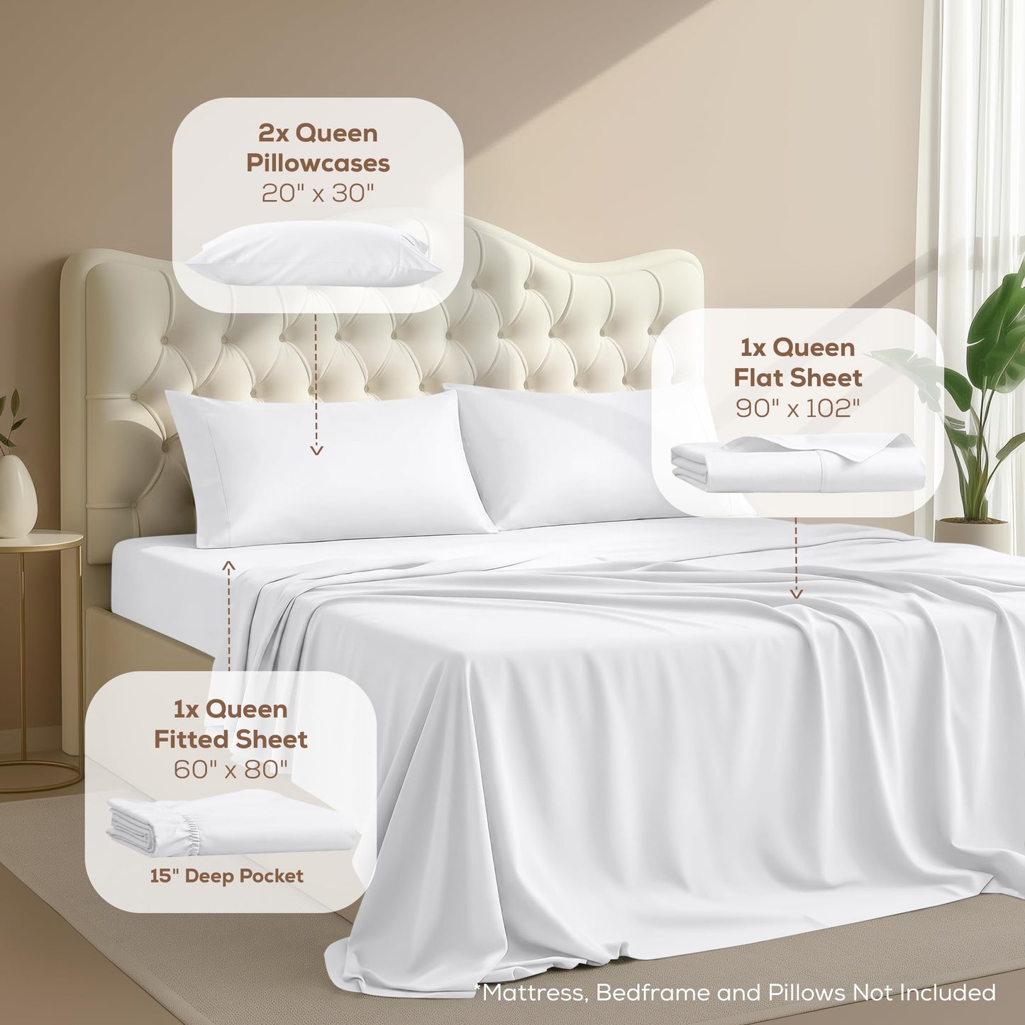 Queen Size Sheet Set – 4 Piece Bed Sheets, Soft and Breathable Microfiber, Includes 1 Fitted Sheet, 1 Flat Sheet and 2 Pillowcases – Oeko Tex (White)