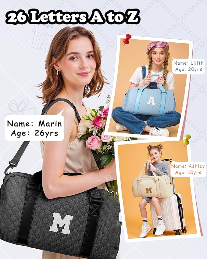 Elilier Initial Gym Bag for Girls, Graduation Gift Ideas, Personalized Weekender Bag, Monogram Overnight bag for teens