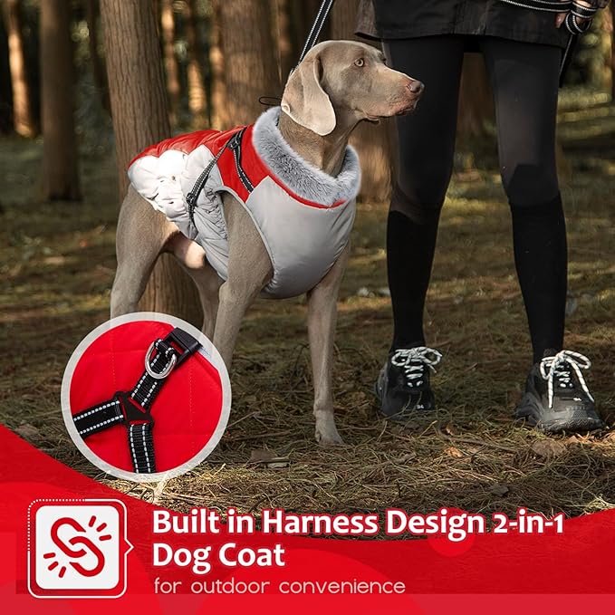 Abuandi Dog Winter Coat with Harness, Dog Jacket, Pet Clothes with Zipper on Back, Waterproof Windproof Warm Vest, Reflective Cold Weather Coats, for Small Medium Large Dogs, Thick, Red, L