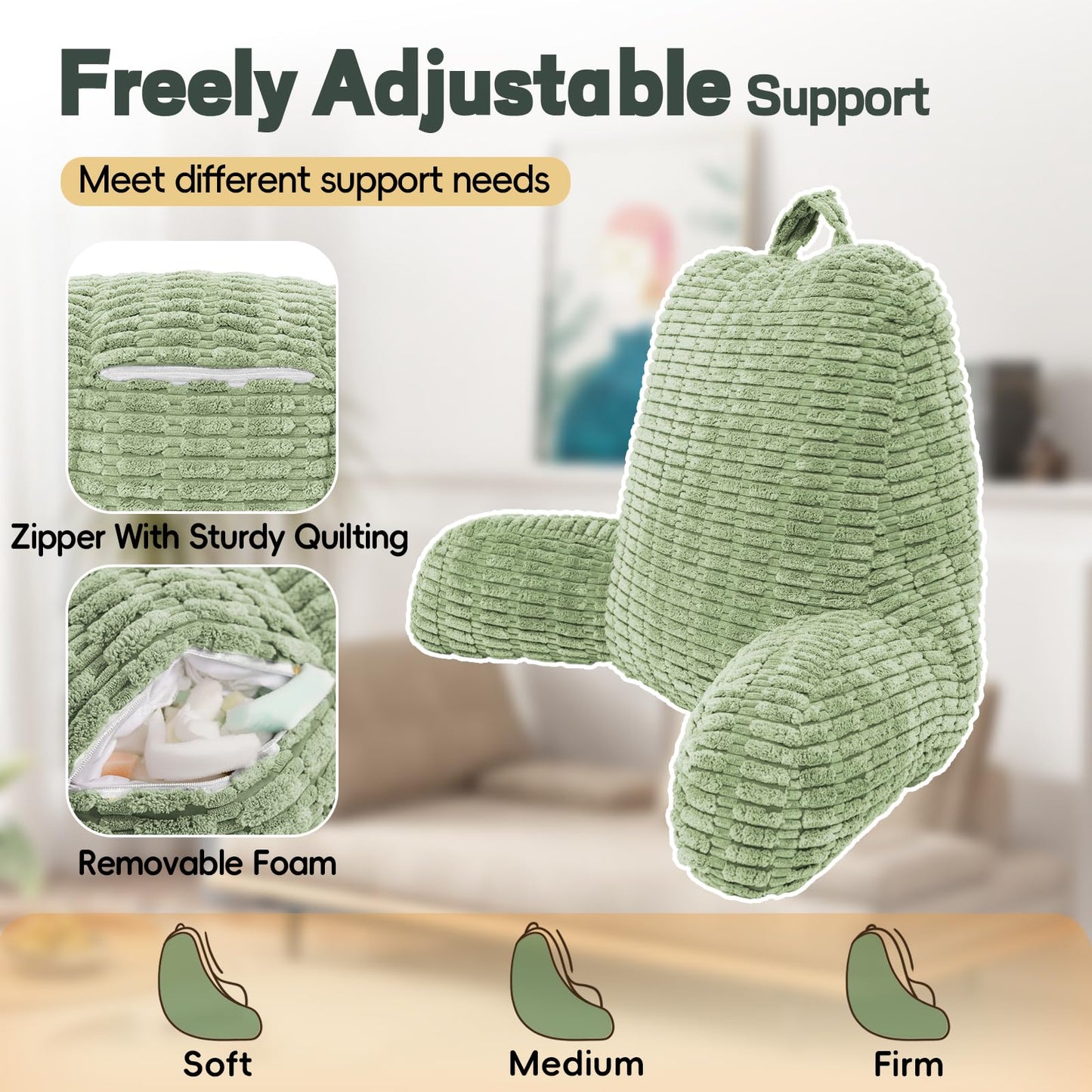 LUISOF 21" Higher Large Reading Pillow for Bed Adult, Back Pillow for Bed Sitting Up with Memory Foam Back Support with Arms Rest for Couch Chair Sage Green