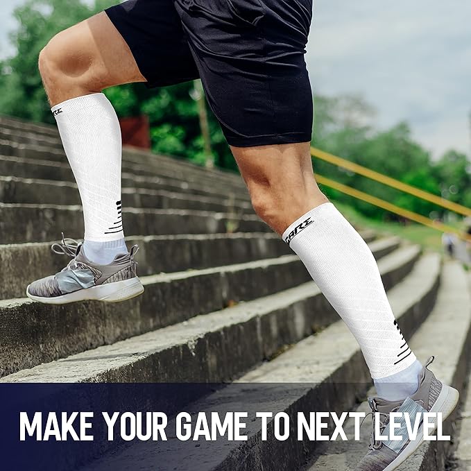 Thoxcare Calf Compression Sleeve for Men Women (1 Pair), Leg Support Footless Compression Socks for Running - Shin Splint Varicose Veins Swelling & Pain Relief, White/Black, Small
