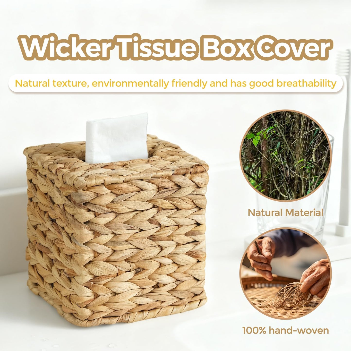 KALEKAIL Wicker Tissue Box Cover, Rattan Tissue Box Holder Square, Boho Decorative Woven Water Hyacinth Cube Tissue Holders for Bathroom Living Room Kitchen