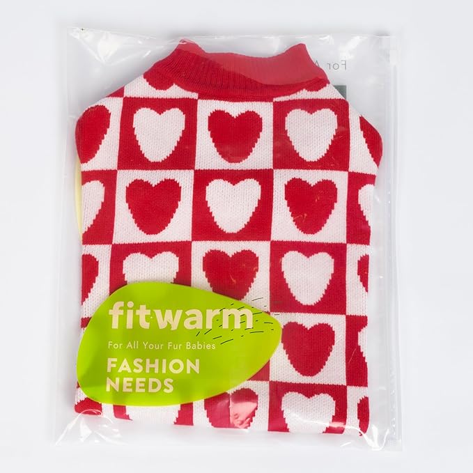 Fitwarm Checkered Heart Dog Sweater, Cozy Valentines Outfit for Small Dogs Girl, Festive Pet Clothes, Red, White, XS