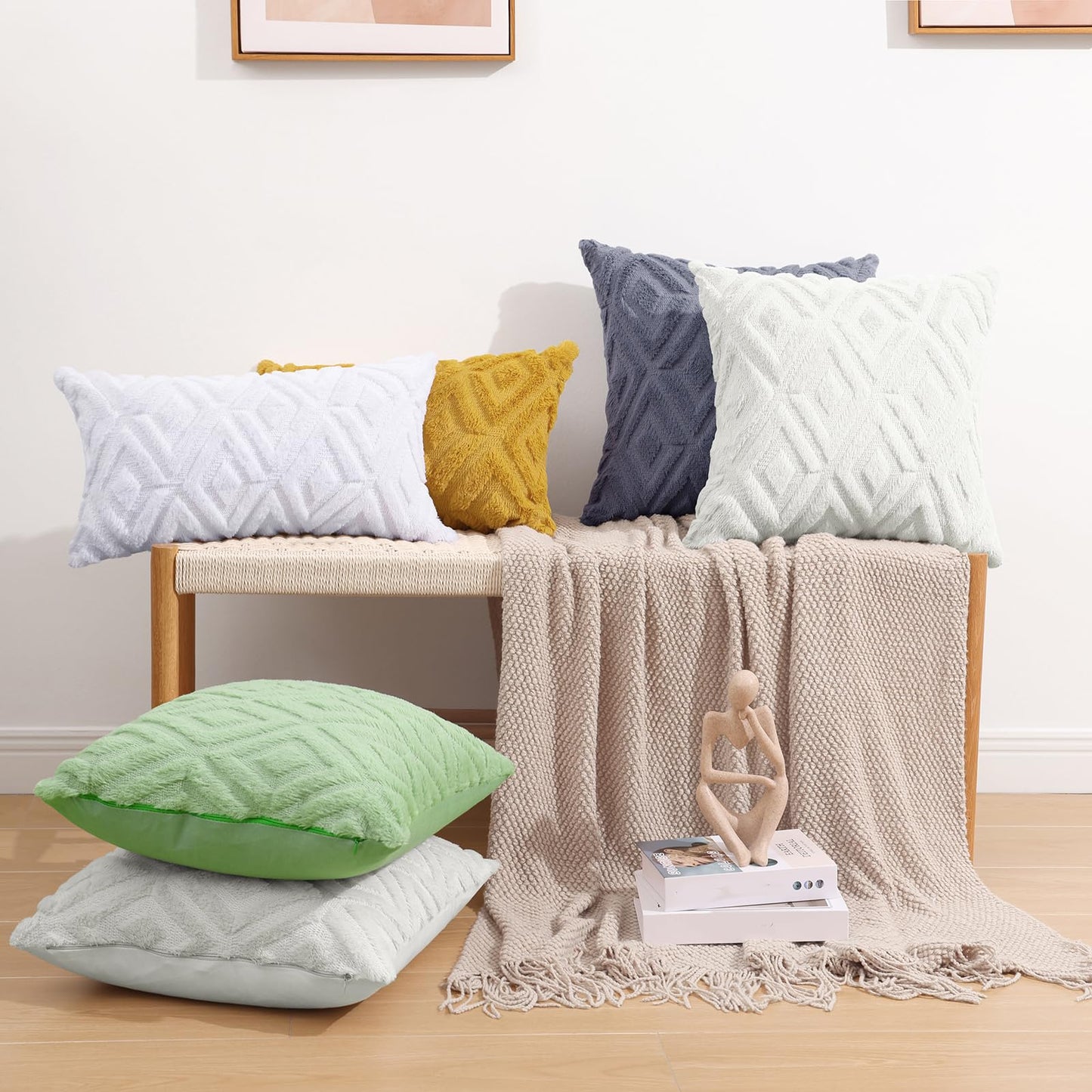 Pallene Summer Cream White Euro Sham Throw Pillow Covers 22x22 Set of 2, Soft Plush Faux Fur Decorative Couch Pillow Covers for Sofa Bed Living Room Pillow Cases with 3D Diamond Pattern