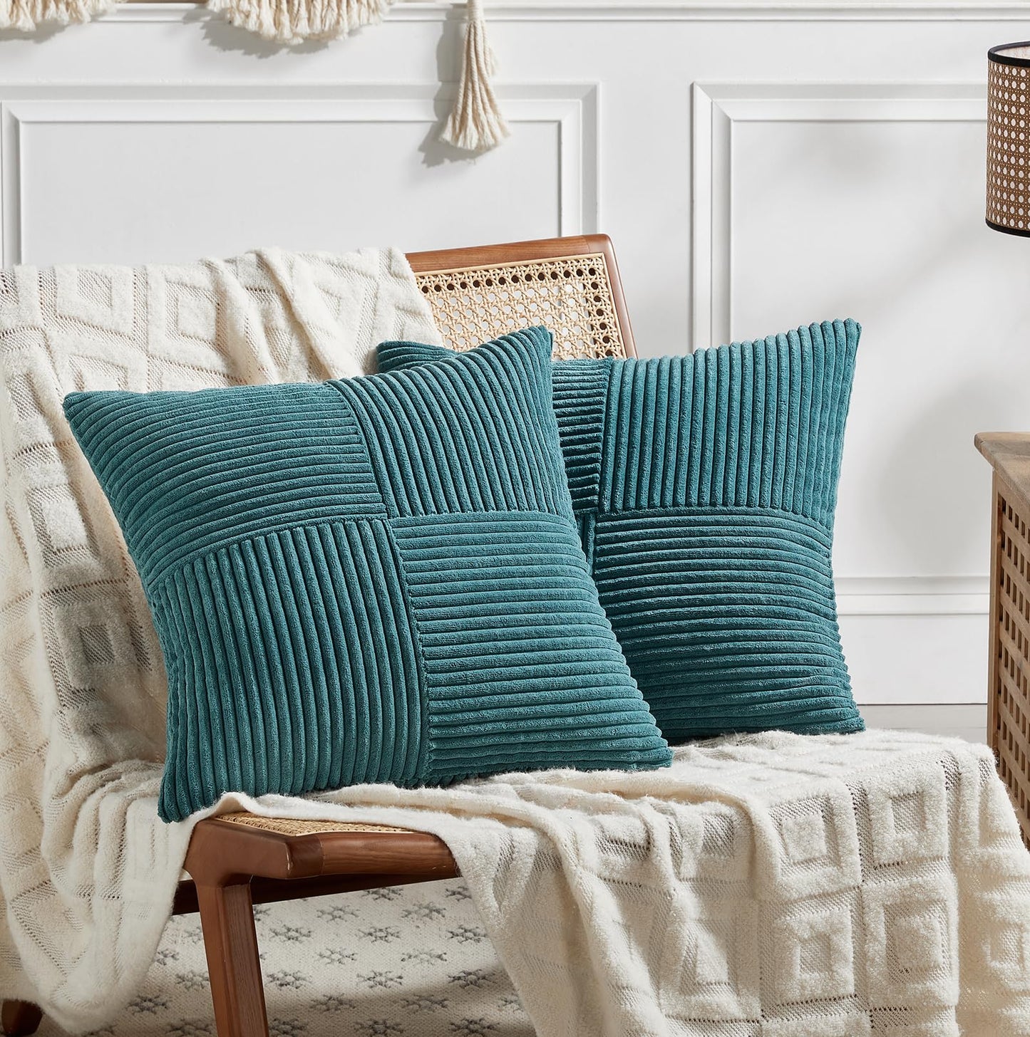 Fancy Homi 2 Packs Teal Decorative Throw Pillow Covers 20x20 Inch for Living Room Couch Bed Sofa, Rustic Farmhouse Boho Home Decor, Soft Corss Corduroy Patchwork Accent Square Cushion Case 50x50 cm