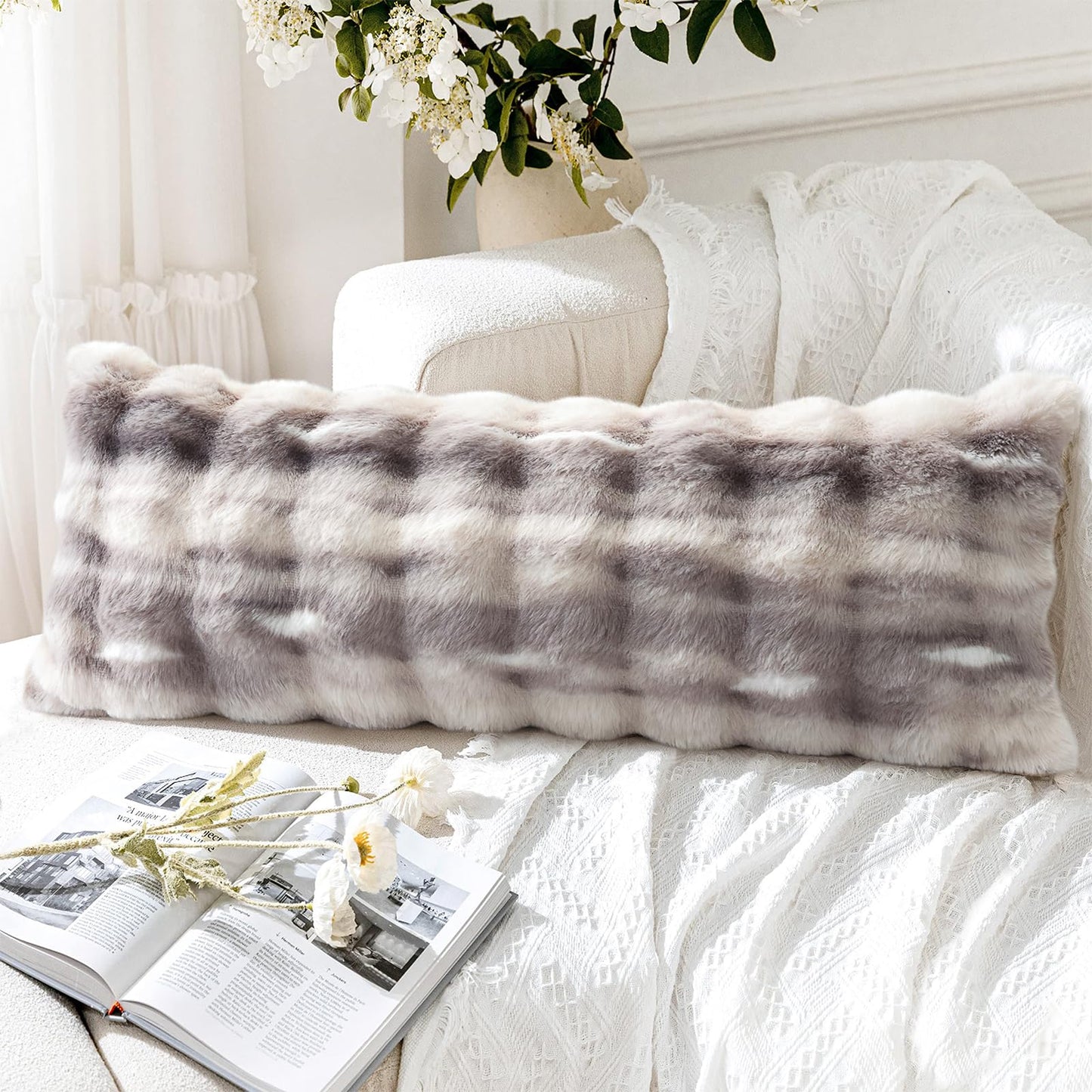 OTOSTAR Set of 1 Plush Throw Pillow Cover 14x36 Inch Soft Decorative Fluffy Faux Fur Pillowcase Cushion Cover for Couch Sofa Bedroom (Grey Taupe)