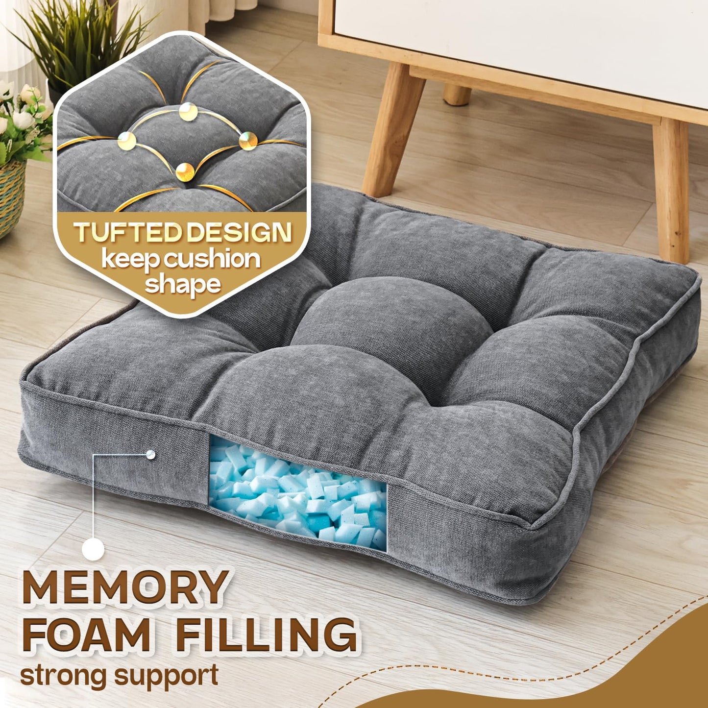 1 MIDDLE ONE Floor Pillow Set of 2, Memory Foam Floor Cushions for Adults, Large Meditation Pillow for Sitting, 22 x 22 Inches (Square | Grey)