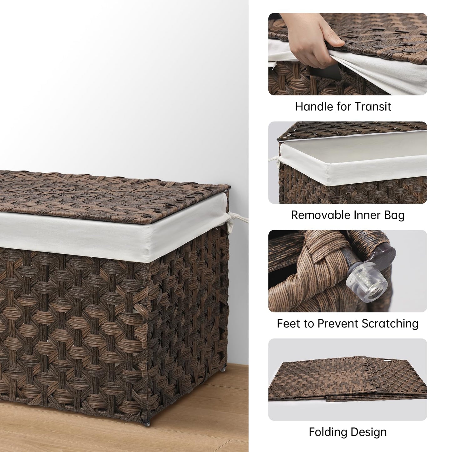 MOORLITER Wicker Storage Basket with Lid, 17.2 Gallon (65L) Small Blanket Basket with Lid, Woven Storage Bin with Handles, Removable Liner, Metal Frame, Foldable, for Bedroom, Laundry Room, Brown