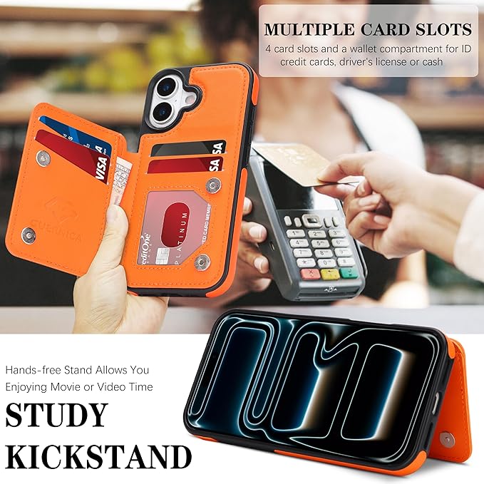 GUERNICA for iPhone 17 (6.1") Case Wallet with Card Holder, RFID Blocking Leather Protection, Shockproof Women Men Phone Case for Apple 17, Orange