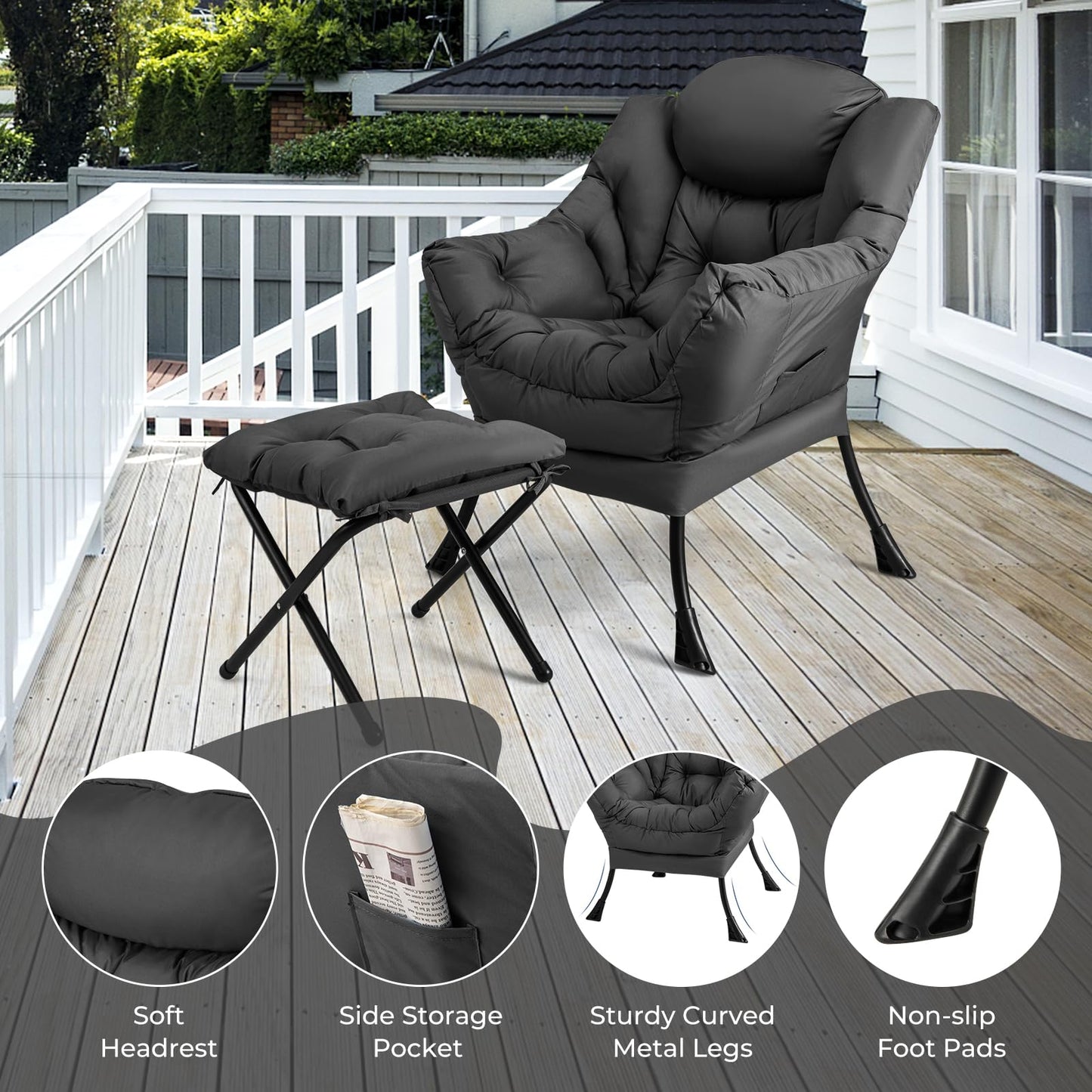 KOMFOTT Lazy Chair with Ottoman, Leisure Upholstered Reading Sofa Chair with Armrests & Side Pocket, Modern Lounge Accent Chair with Folding Footrest for Living Room, Bedroom, Balcony, Grey