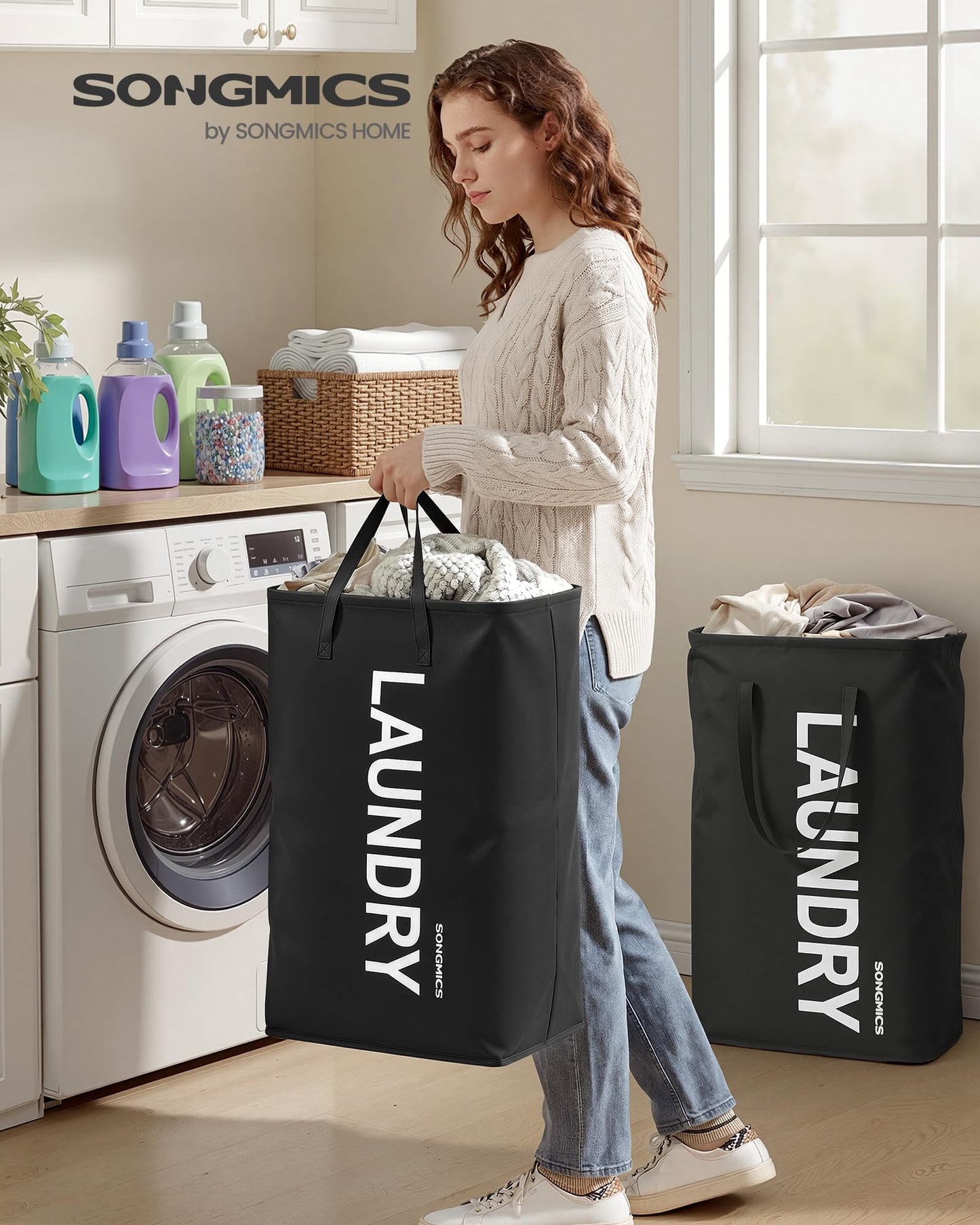SONGMICS Laundry Hamper, 21.1-Gallon (80 L) Laundry Basket with Handles, Water-Repellent Storage Basket for Laundry Room, Bedroom, Bathroom, Foldable, Set of 2, Ink Black URLH002BH01